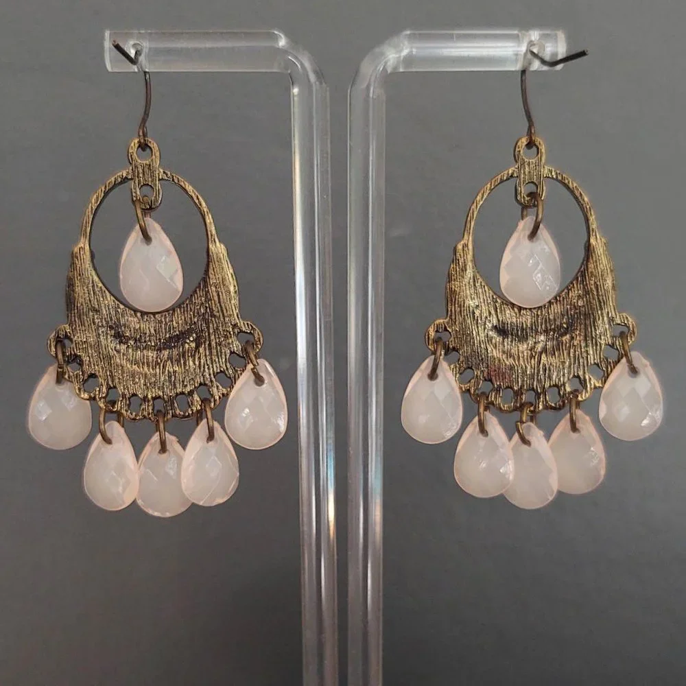 Antique gold, pink enamel and pink dangle beaded earrings